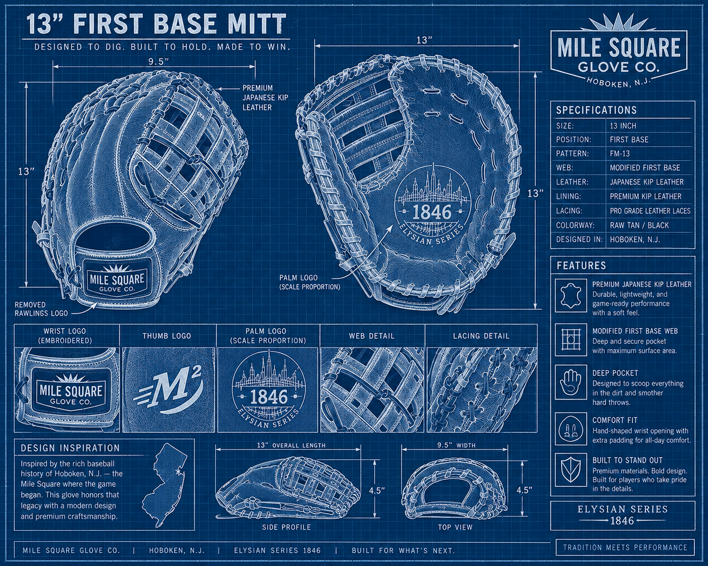 Mile Square Gloves 11-inch black and camel infielder glove design board